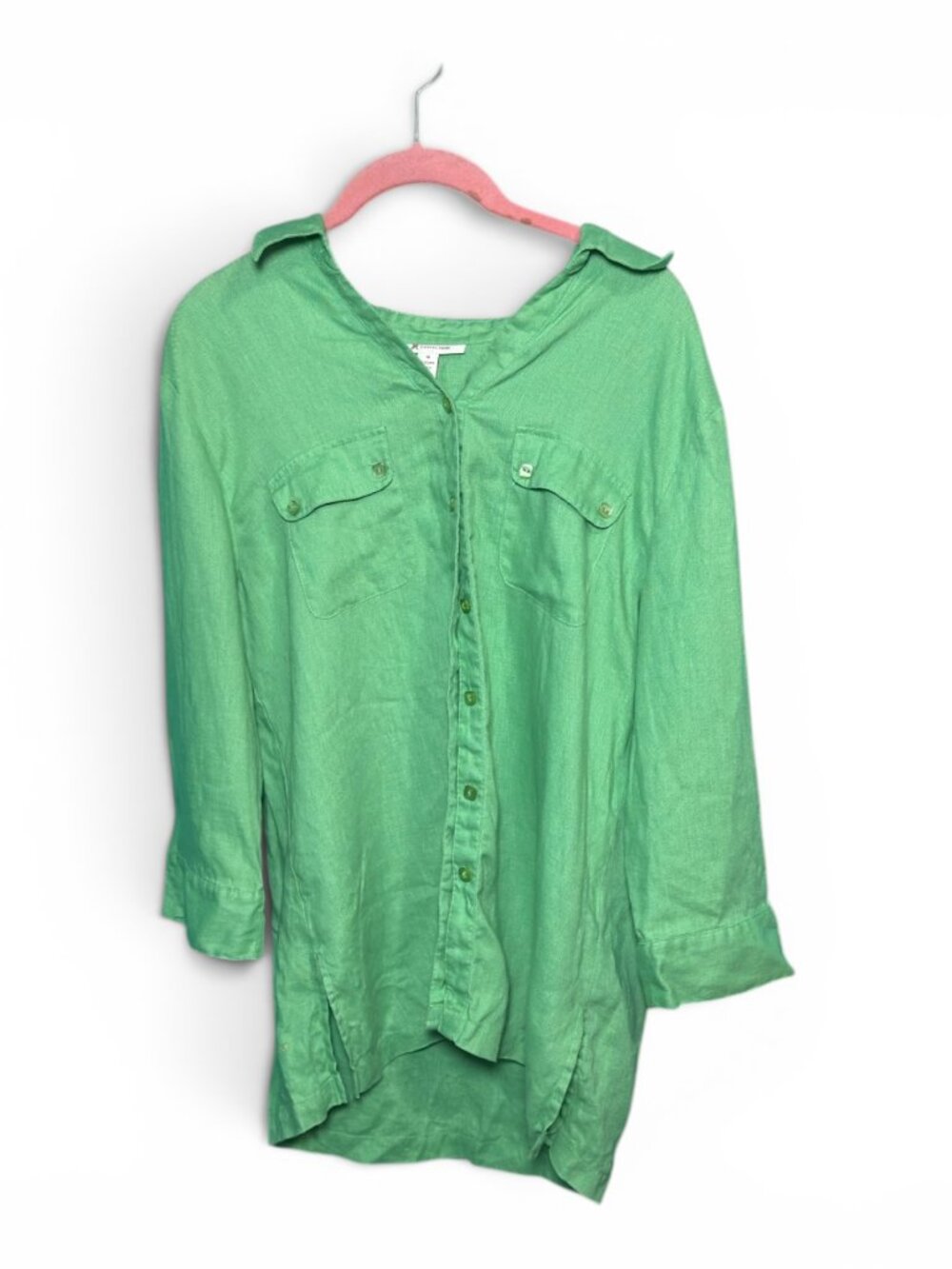 JM Collection 100% Linen Tunic Shirt Size 14 Kelly Green Button